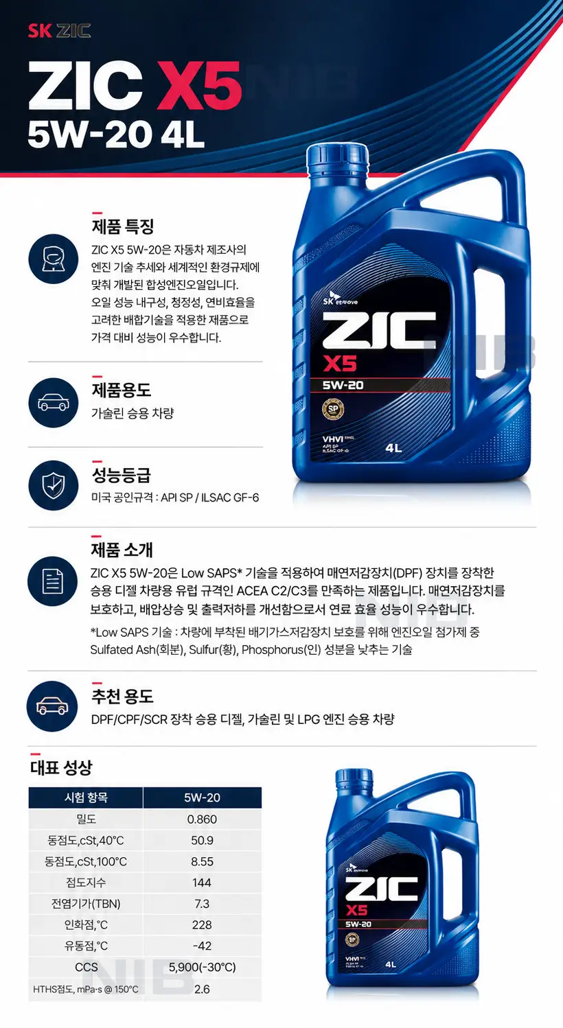 지크 엔진오일 X5 zic 5w-20 4L 가솔린 LPG 상세정보